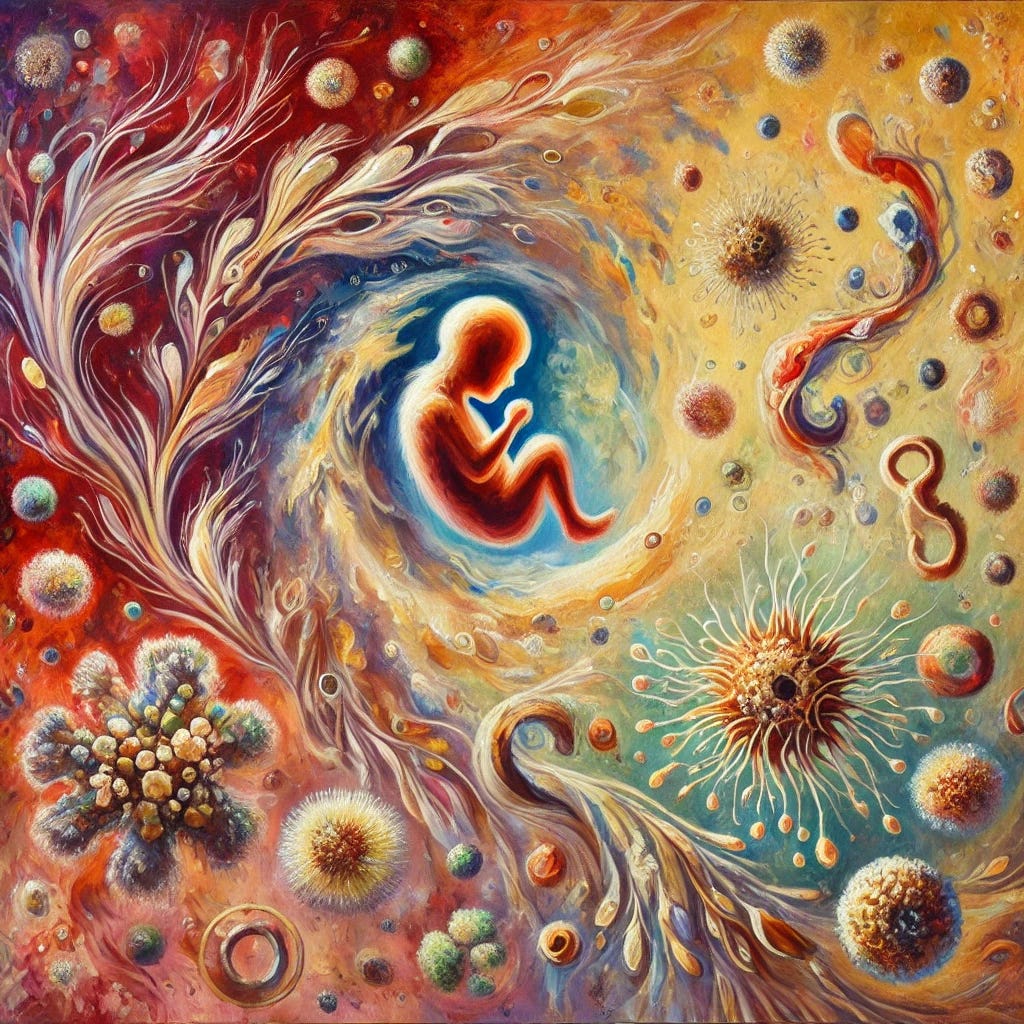 An abstract and impressionist oil painting depicting the intricate relationship between the human microbiome and birth. The painting features vibrant, swirling brushstrokes symbolizing the dynamic flow of maternal microbes to the infant. Organic forms, resembling microscopic bacteria, intertwine in warm earthy tones of deep reds, golden yellows, and soft blues. A central figure, abstractly represented, transitions from a womb-like space (soft pinks and beiges) to an environment rich with flourishing microbial life. The overall mood is energetic, evoking the balance of nature and health across generations, with subtle hints of hospital settings represented through sterile whites blending into the composition.