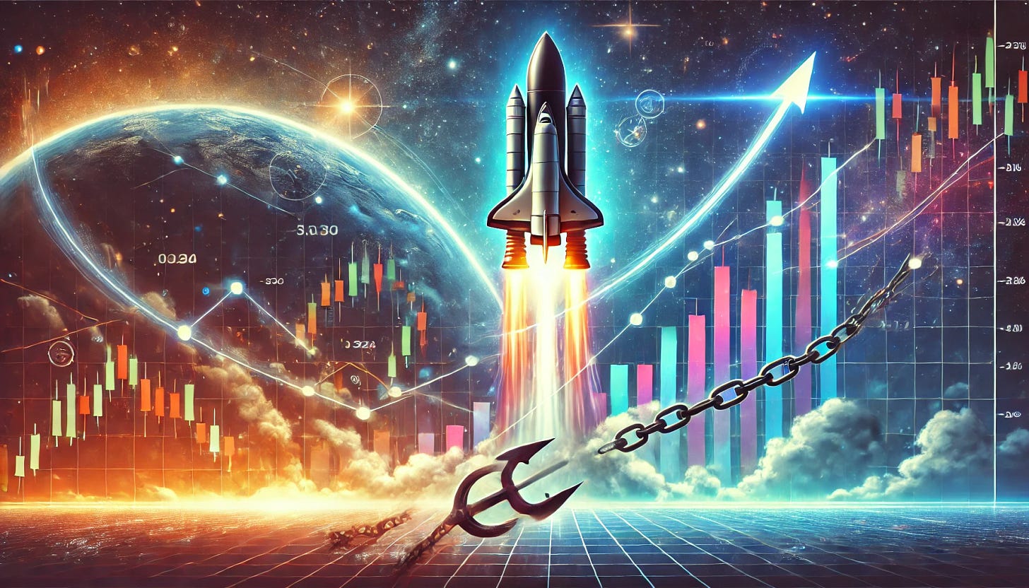 A financial market banner representing stocks increasing rapidly and heading into orbit, but with an element indicating they will be grounded. Depict a rocket or stock market graph soaring into space with bright, upward arrows. Include an anchor or a heavy weight pulling down on the rocket or graph with a chain, symbolizing the potential for the stocks to be grounded. Use a background that transitions from a clear blue sky at the top to a more turbulent, stormy atmosphere at the bottom. Include vibrant colors to emphasize the upward movement and darker tones to highlight the grounding element.