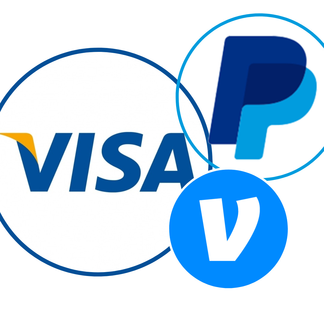Logo de Visa, logo de PayPal, logo de Venmo.