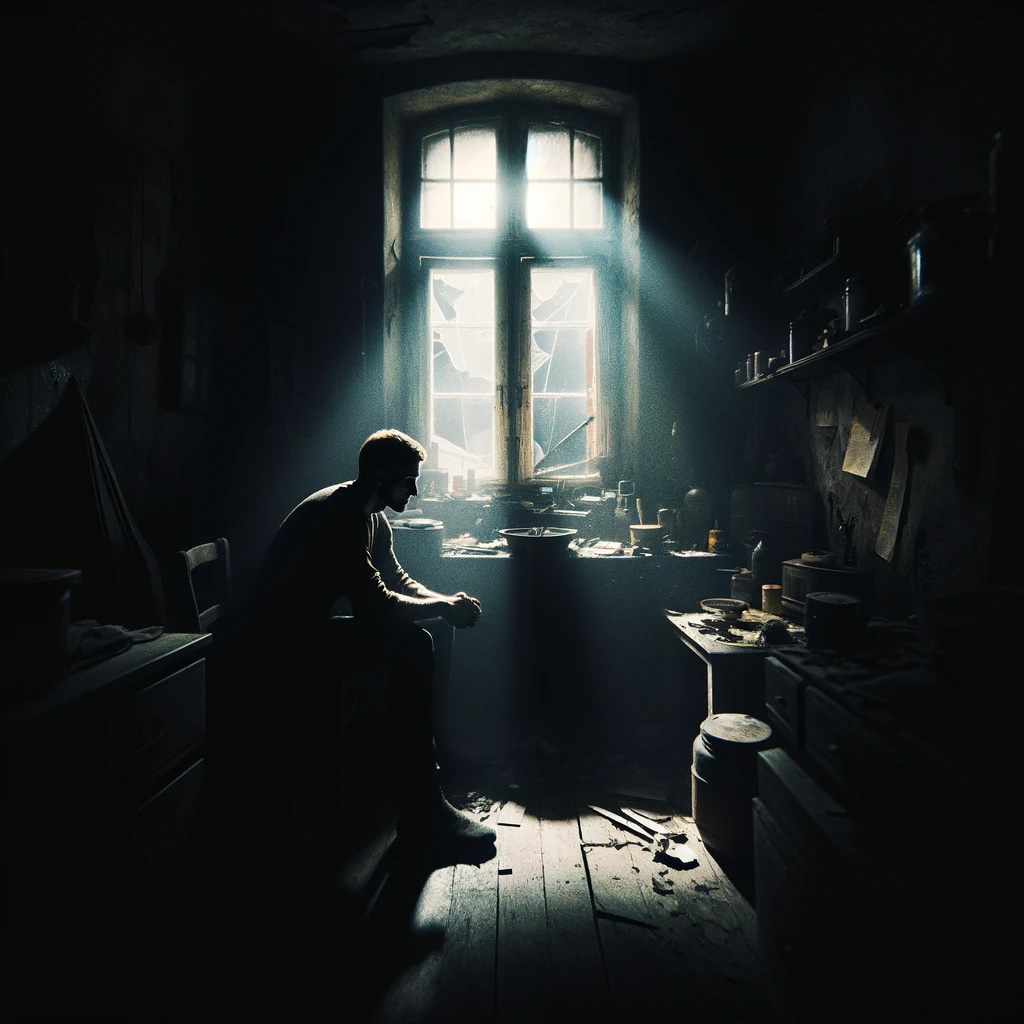A man is sitting in a pitch-black room, barely illuminated by a small window with a few cracks in the glass. The faint light reveals various objects and obstacles scattered around the room, creating an atmosphere of mystery and solitude. The room's details are subtly highlighted, suggesting a sense of decay and abandonment. The man appears contemplative, caught in a moment of reflection amidst the shadows. The scene conveys a strong mood of isolation and introspection.