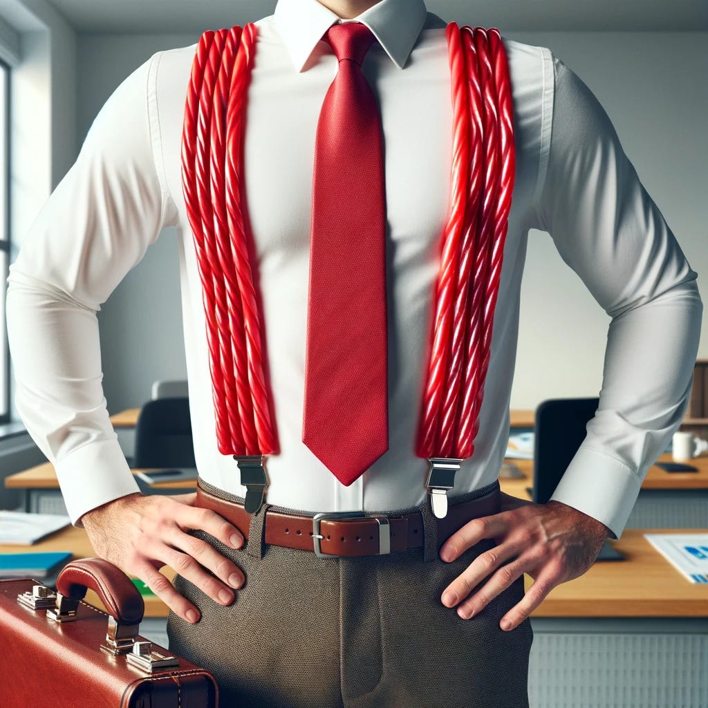 A whimsical image of a business person wearing suspenders made of red Twizzlers. The person is depicted in a dress shirt and tie, holding a briefcase, and standing confidently. The suspenders, clearly made from the candy Twizzlers, add a humorous and colorful contrast to the otherwise formal outfit. The setting is an office environment.
