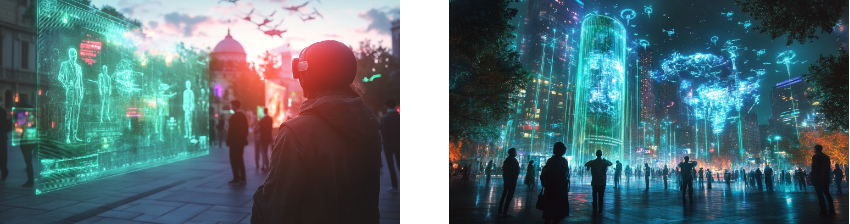 A futuristic diptych depicting virtual reality in urban settings: on the left, a person wearing VR goggles interacts with glowing holographic displays of people and data in a city square at sunset; on the right, a bustling city scene at night with towering digital projections of maps, graphics, and interactive elements, surrounded by silhouettes of people engaging with the virtual environment, showcasing a blend of technology and everyday life.