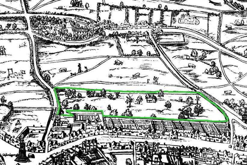 Small detail of the Ralph Agas London map of 1572. Modern marks in green of streets, and in yellow of Covent Garden wall.