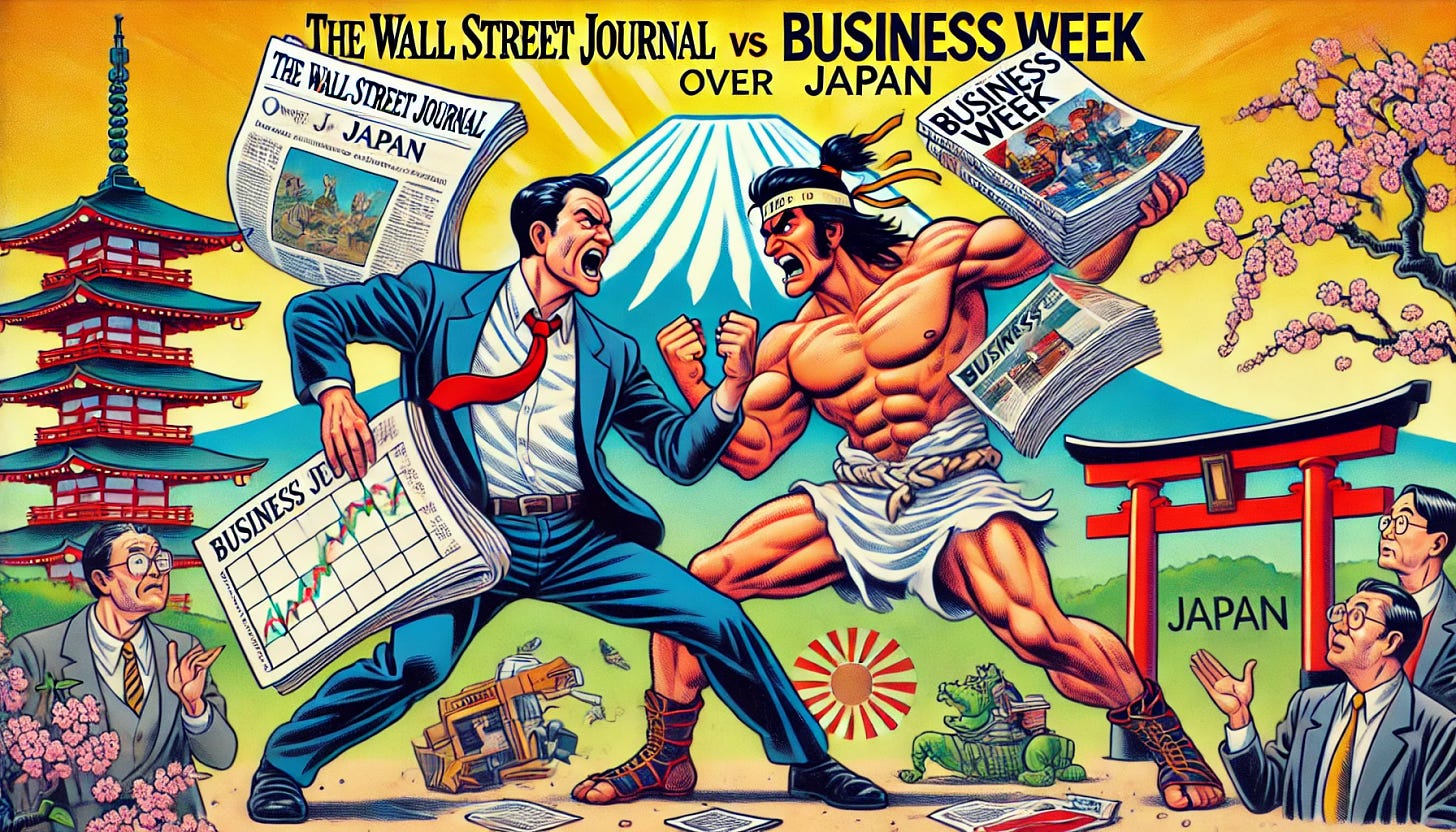 A comic-style illustration depicting a humorous battle between The Wall Street Journal and Business Week over Japan. The Wall Street Journal is represented as a muscular figure in a suit holding financial charts, while Business Week is depicted as an agile character in business casual attire wielding a stack of magazines. They are in a dynamic action pose, clashing in front of a backdrop featuring iconic Japanese elements such as cherry blossoms, Mount Fuji, and a traditional torii gate. The scene is vibrant with exaggerated expressions and bold, energetic lines.