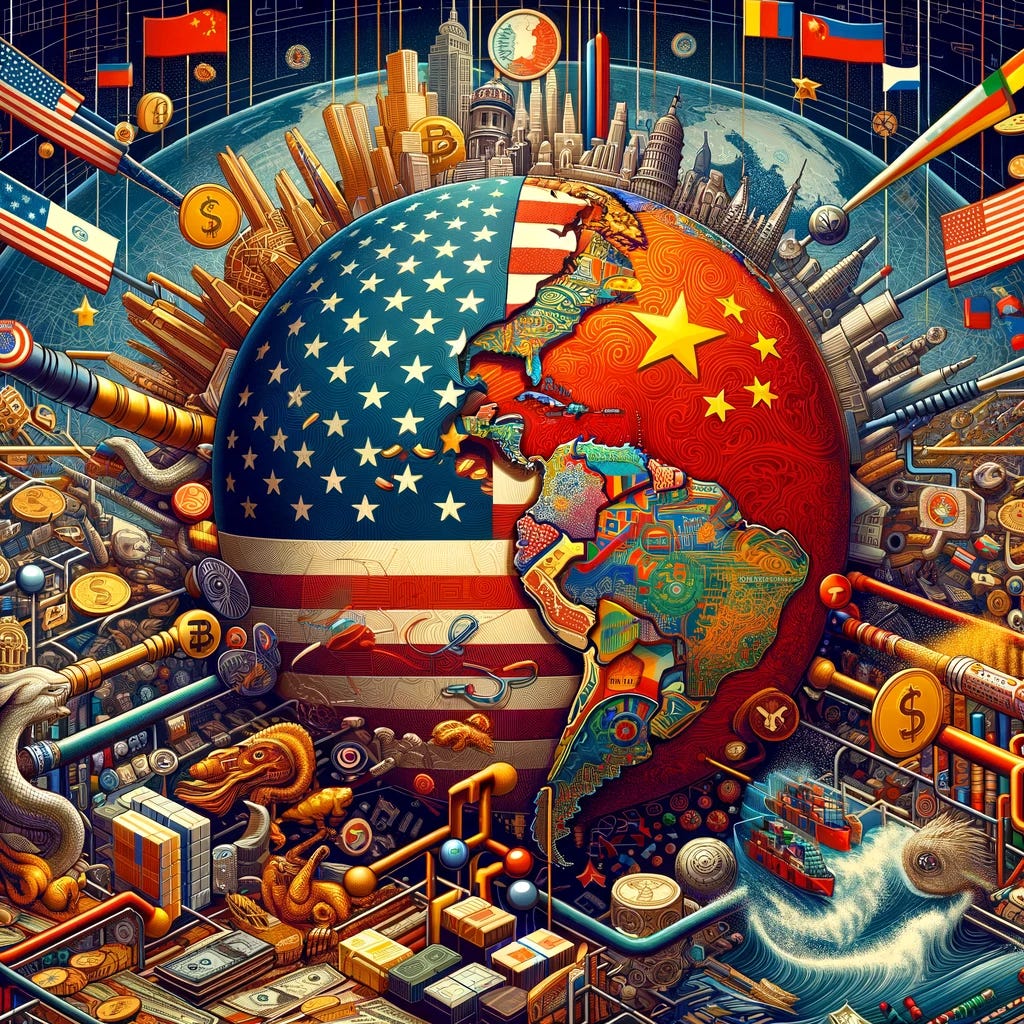 A detailed and analytical illustration representing the complex relationship between China and Latin American countries within the context of a shifting global economy towards multipolarity, without any national flags, specifically avoiding the placement of a Chinese flag on the United States. The image should encapsulate the nuances of trade, economic influence, and the pursuit of independence by Latin American countries, set against a backdrop of global financial markets. Include symbolic representations of economic activity and global dynamics such as currency symbols, trade goods, and abstract concepts of global economic trends. The style should be sophisticated and nuanced, blending geopolitical analysis with economic symbolism.