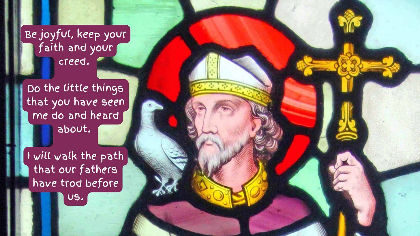 Saint David stained glass window, with text overlay with his last words 