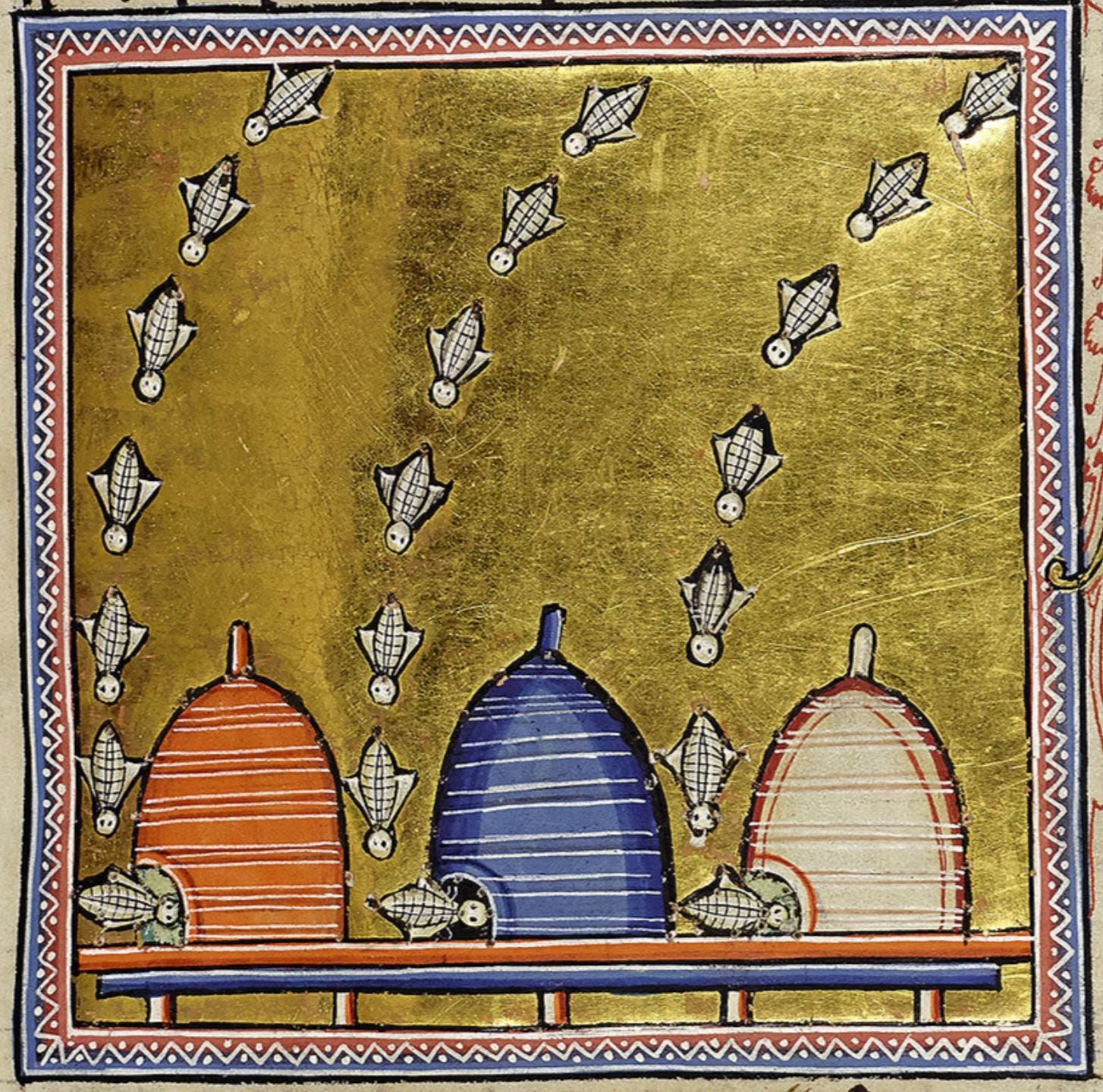 Three lines of bees returning to 3 sklep type hives against a gorgeous gold illuminated background of a medieval manuscript