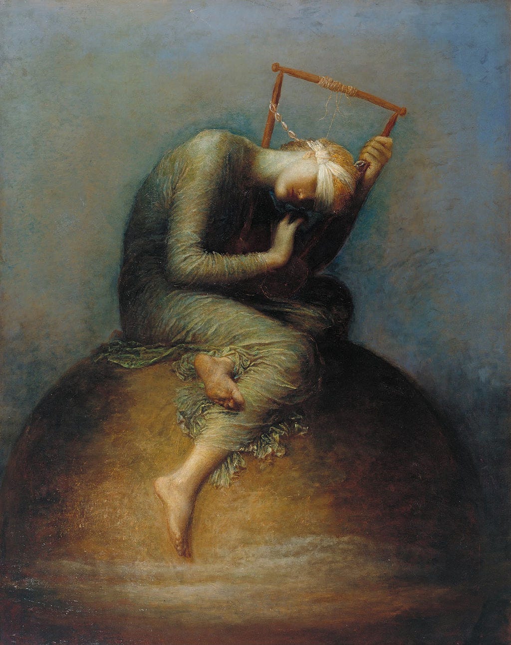 Blindfolded Hope sitting on a globe