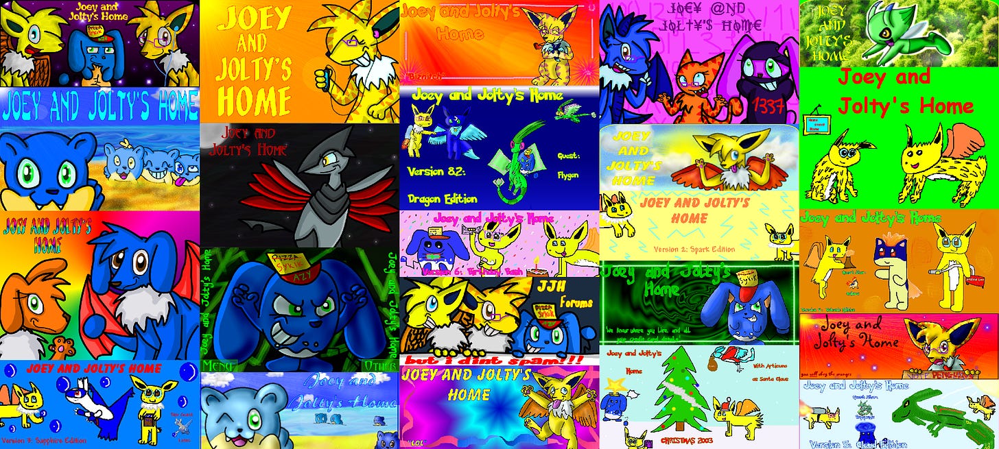A selection of the banners and headers used by Joey & Jolty’s Home during its time online