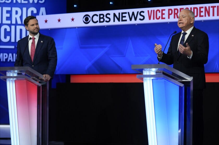 Democratic vice presidential nominee Minnesota Gov. Tim Walz speaks during a vice presidential debate hosted by CBS News, with Republican vice presidential nominee Sen. JD Vance, R-Ohio, Tuesday, Oct. 1, 2024, in New York. 