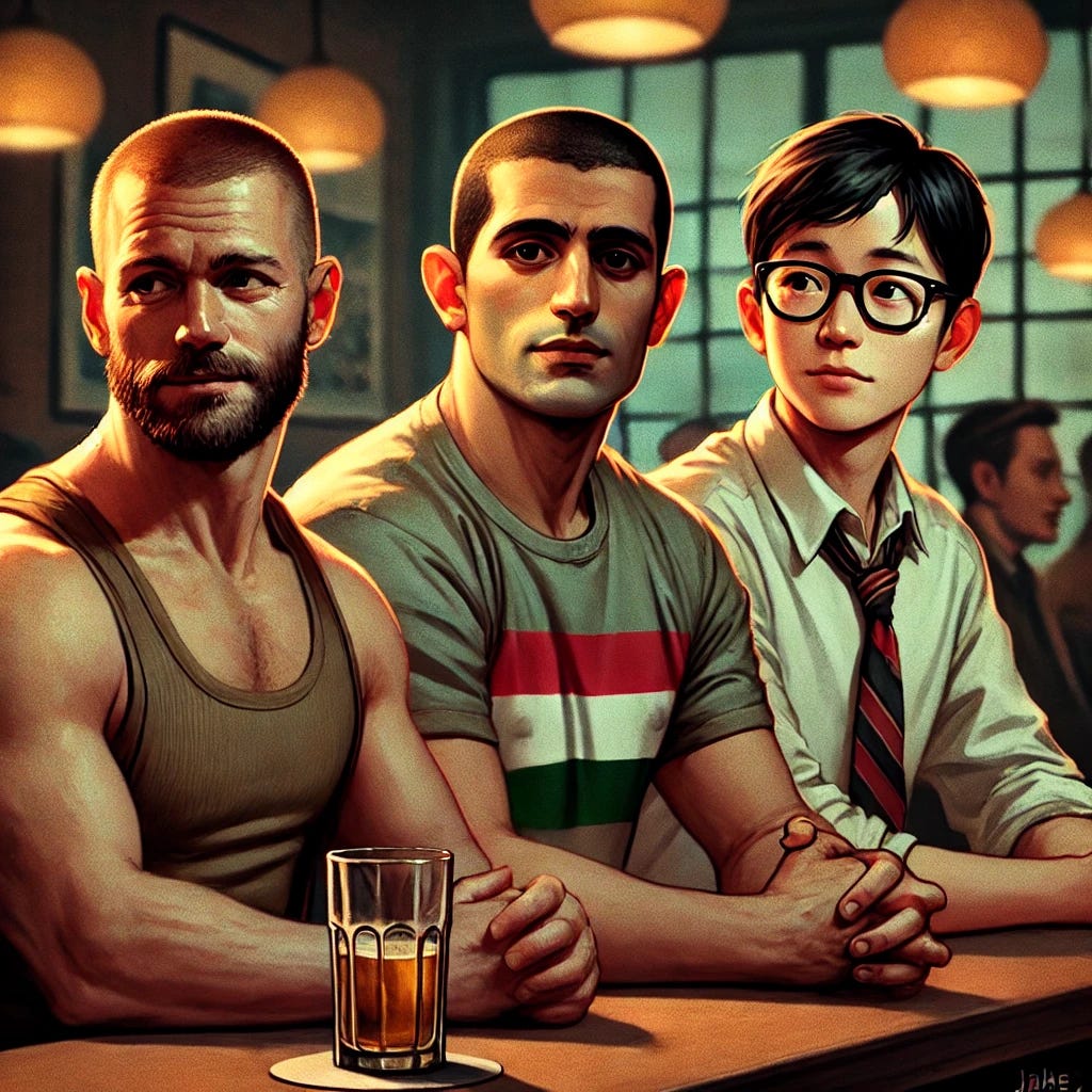 A bar scene with three distinct men sitting together. The first man has a buzz cut, ruggedly handsome with strong features and an air of confidence. The second man is Syrian, characterized by his large nose and proud expression, dressed casually but with an air of self-importance. The third man is a nerdy Asian man, thin and slightly awkward, wearing glasses and a shy expression, adding a contrast to the other two. The bar atmosphere is warm and inviting, with soft lighting and a few scattered patrons in the background.