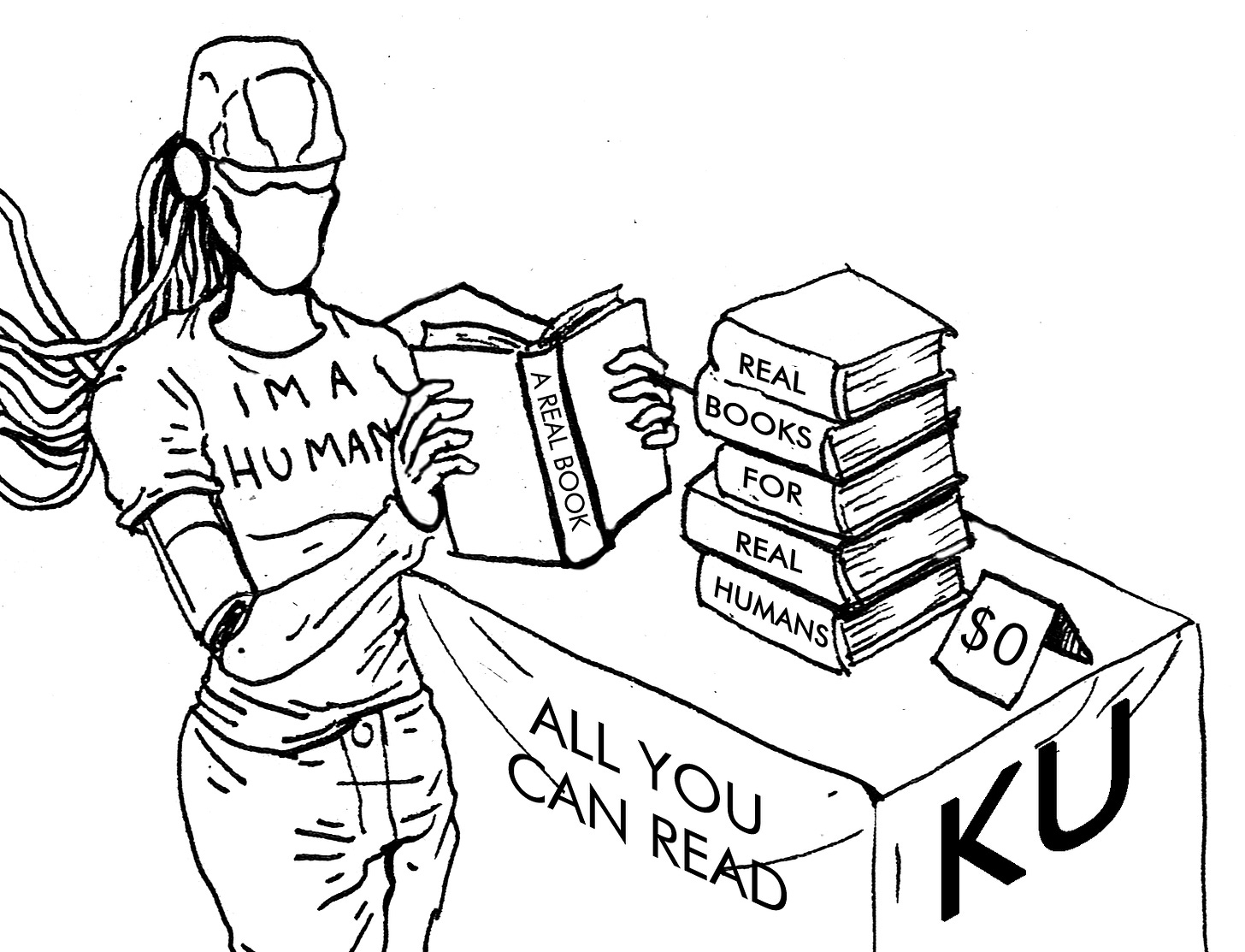 Robot in a shirt saying "I'm a Human" reading a book called A REAL BOOK, fro a table of $0, all-you-can-read Kindle Unlimited books.
