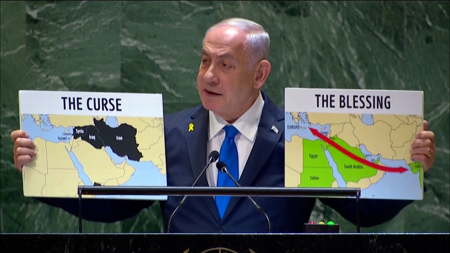 Netanyahu holds up ‘Blessing vs. Curse’ maps of Middle East at UNGA