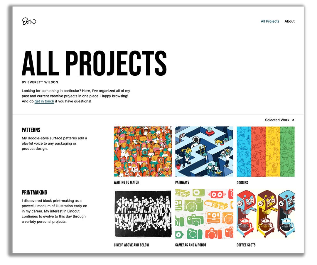 A screenshot of Everett Wilson's portfolio website showing a grid of artwork organized into categories.