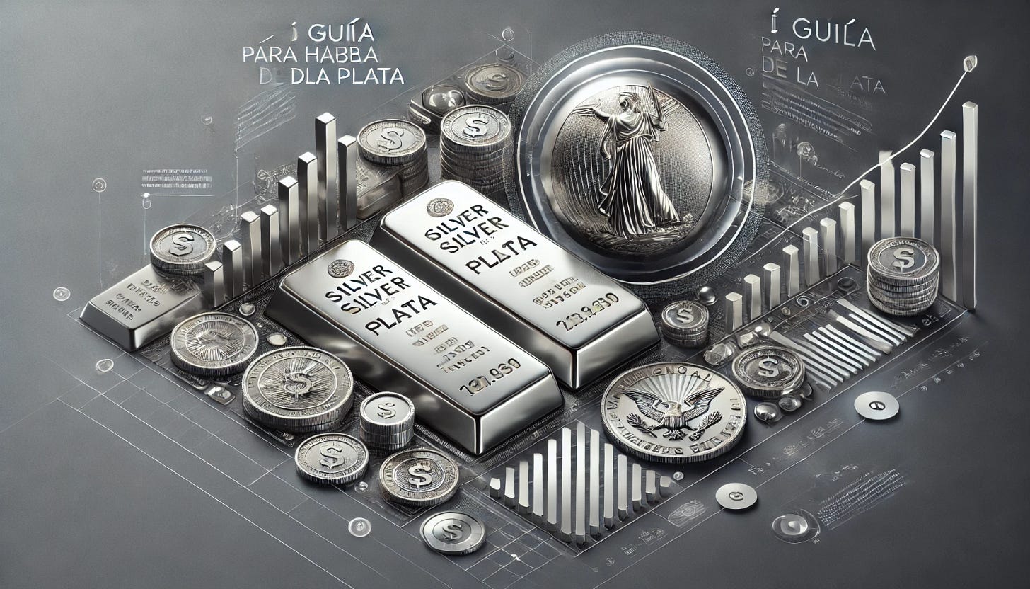 A stylish and modern banner for an article titled '📜 Guía para hablar de la plata'. The background features a sophisticated silver texture with a gradient from dark gray to metallic silver. On the right, a close-up of silver bullion bars and coins (Britannia, Libertad, American Eagle) arranged in an elegant composition. The left side prominently displays the article title in bold, futuristic typography with a subtle reflective effect. The design includes financial elements such as market graphs or trend lines in a subtle overlay, creating a refined and professional look ideal for investment-related content.