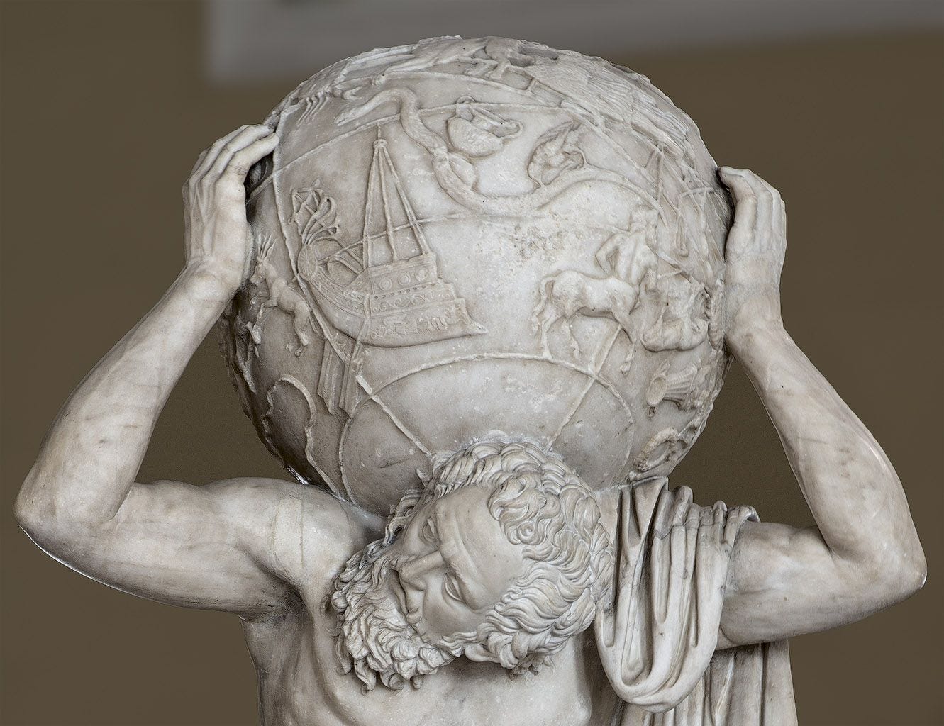 Statue of Atlas holding the celestial sphere (Farnese Atlas): a close-up.  Naples, National Archaeological Muse… | Ancient greek sculpture, Ancient  greek art, Statue