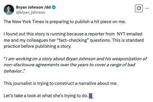 Tweet from Bryan Johnson saying the New York Times is "preparing to publish a hit piece" on him