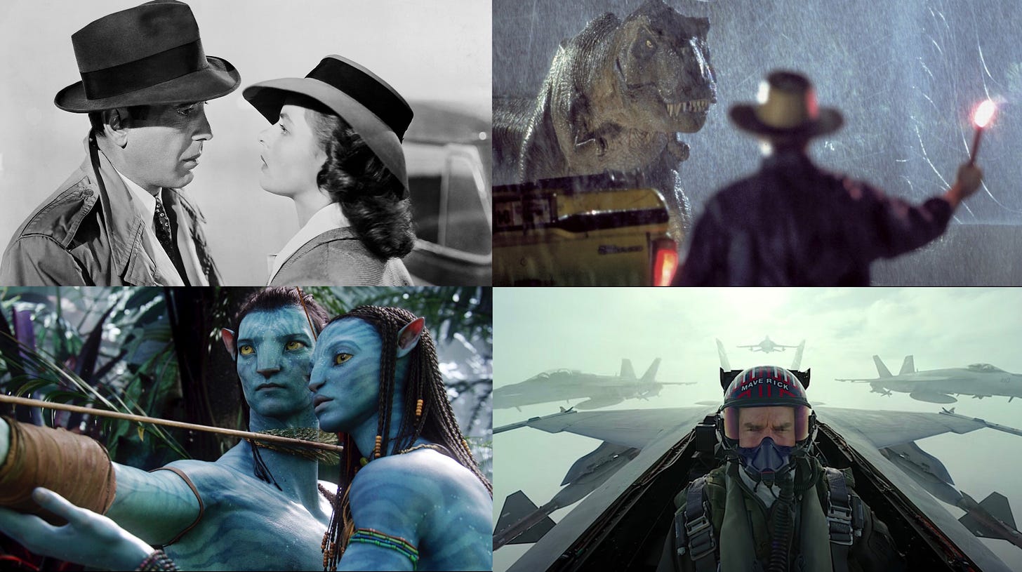 Stills from 4 movies: Casablanca, Jurassic Park, Avatar, and Top Gun: Maverick
