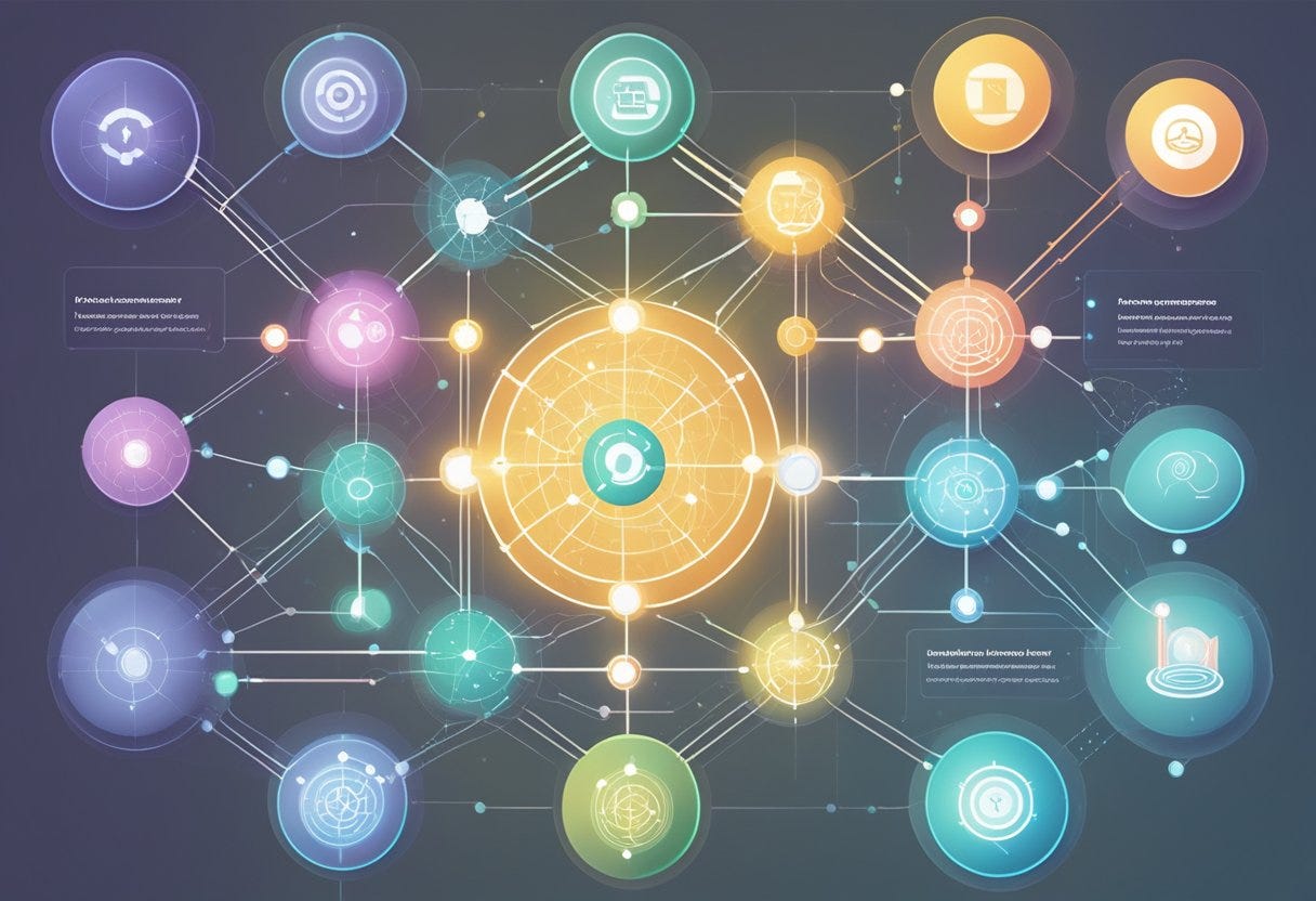 An AI algorithm visually organizing and prioritizing various goals on a digital interface, with interconnected nodes and pathways representing the integration process