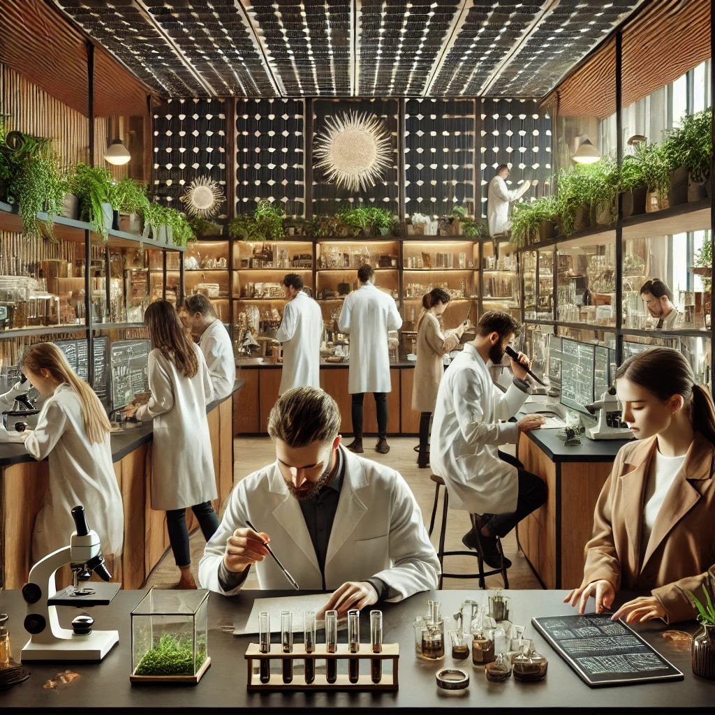 A group of scientists in a modern lab setting with a solar-punk theme, engaged in replicating an experiment. They are focused and working with various lab equipment such as microscopes, test tubes, and computers. The lab features an eco-friendly design with greenery and sustainable materials. The color scheme includes brown and black tones. The atmosphere is collaborative and detailed with lab benches, shelves filled with scientific supplies, and bright, clean lighting.