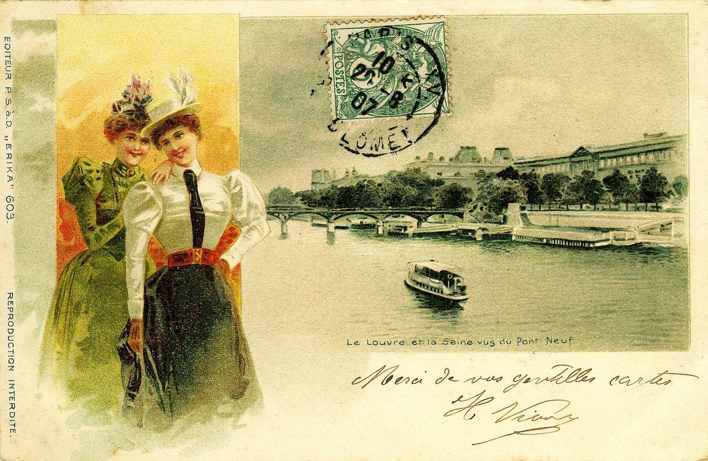 A postcard with a couple of women

Description automatically generated