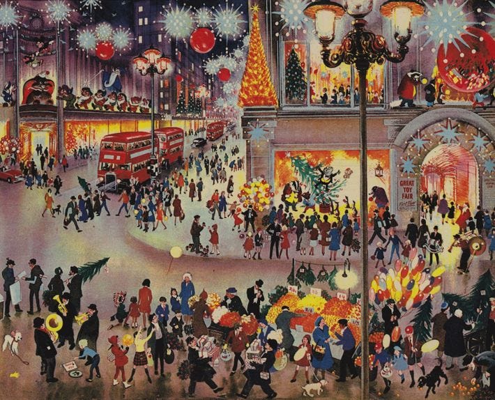 An illustration depicts a busy evening in London, where Christmas shoppers rush to get trees and ...