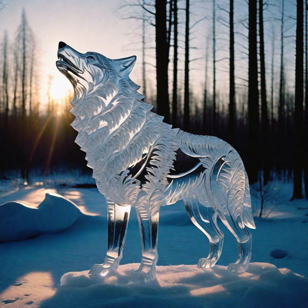 Prompt: High quality photo shot on Kodak gold 400, a huge wolf in the forest howling at the moon sculpture carved from neon crystal ice, in a frozen tundra, away from civilization. Transparent clear ice, detailed, sharp, completely transparent, translucent, suns rays shining through the sculpture. Evening lighting, reflections.