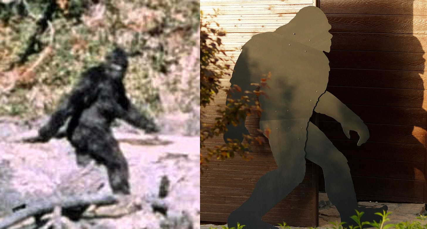 A comparison between the Patterson–Gimlin film Sasquatch and common Sasquatch yard art, with the look of the latter obviously inspired by the former.  