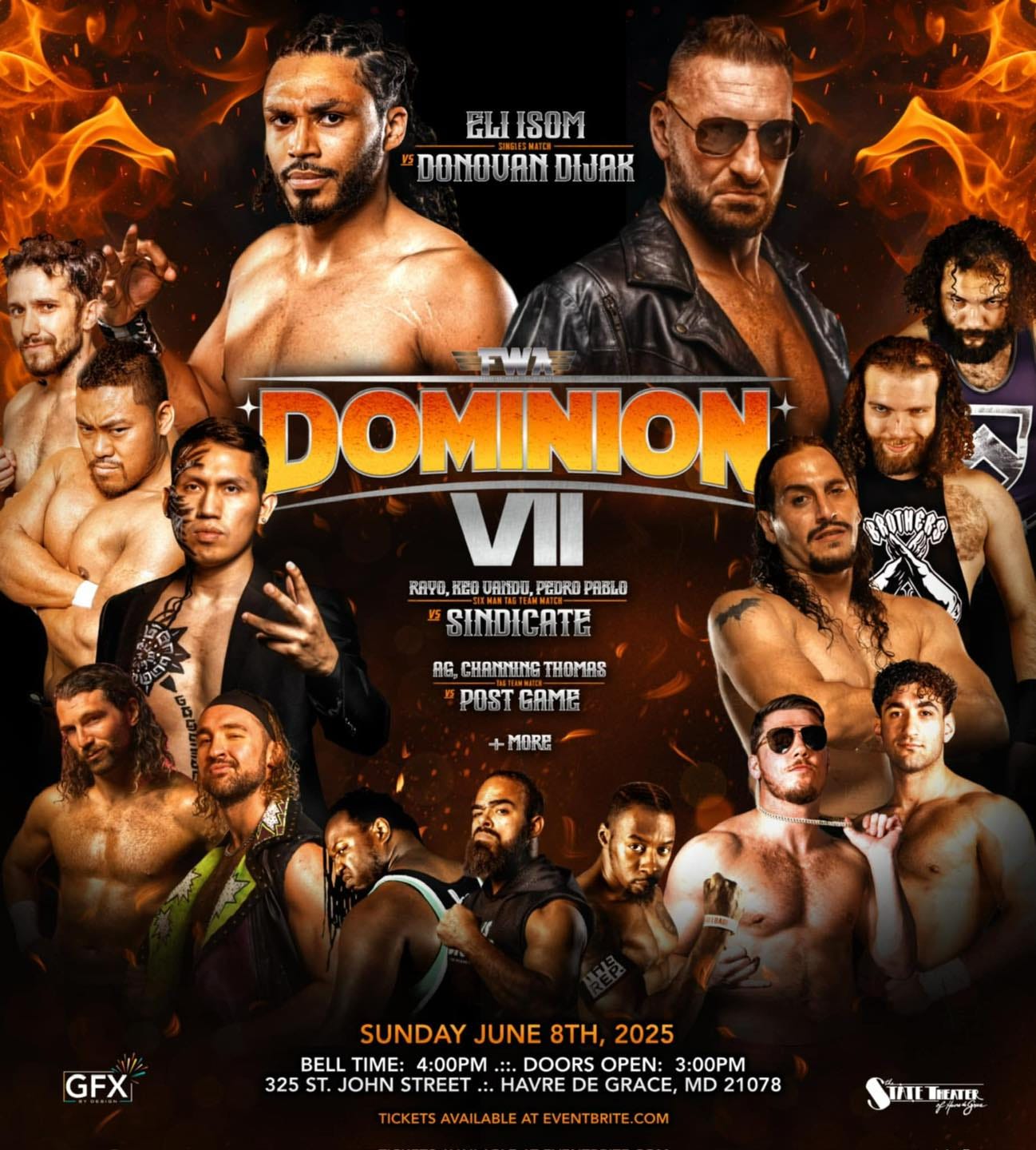 May be an image of 9 people and text that says 'ELI ELIISOM ISOM DONOUAN DONQUANDIJAK DIJAK CAULIER DOMINION VII 0,E KGB บค, PZORO ,, PABLO SINDICATE AG,CHAMYINSTHOMAS AG. CHAMMING THOMAS POST "POSTGAME CAME MORP SAME GFX SUNDAY JUNE SUNDAYJUNE8TH,2025 8TH, 2025 BELL TIME: 4:00 DOORS OPEN: 3:00 325 JOHN STREET HAVRE DE GRACE, MD 21078 TCKETSAVALABLEATEVENTRITE.COM TICKETS TEFTIR'