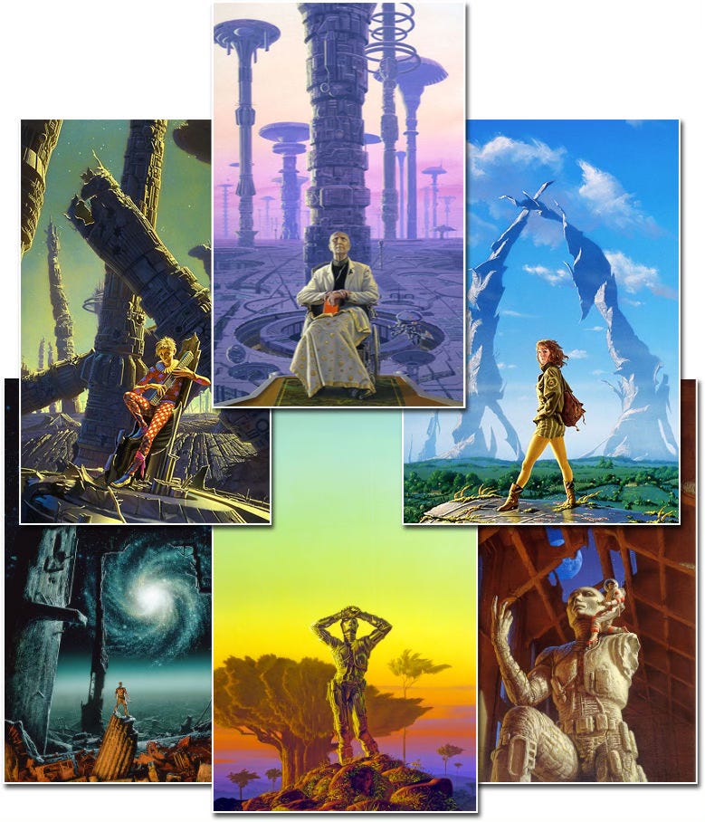 Cluster of Isaac Asimov prints that include MULE, HARI, ARKADY, TRANTORIAN DREAM, GISKARD, and FOUNDATION AND EARTH.