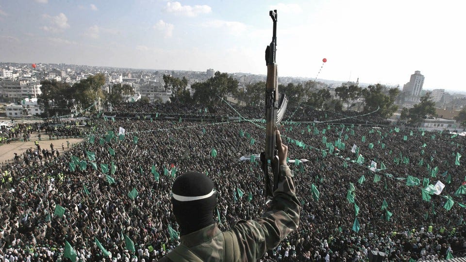 A militant, photographed from behind, holds a gun in the air as he stands before a crowd waving green flags