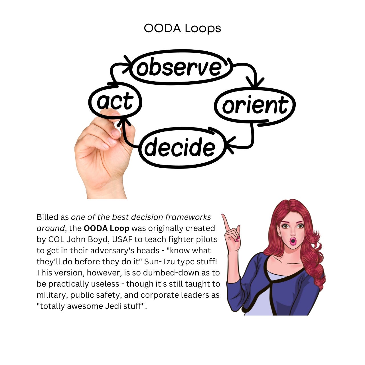 An OODA Loop - Observe, Orient, Decide, Act. Way oversimplified - it's like a wheel that's missing the lug nuts, to wit: useless.