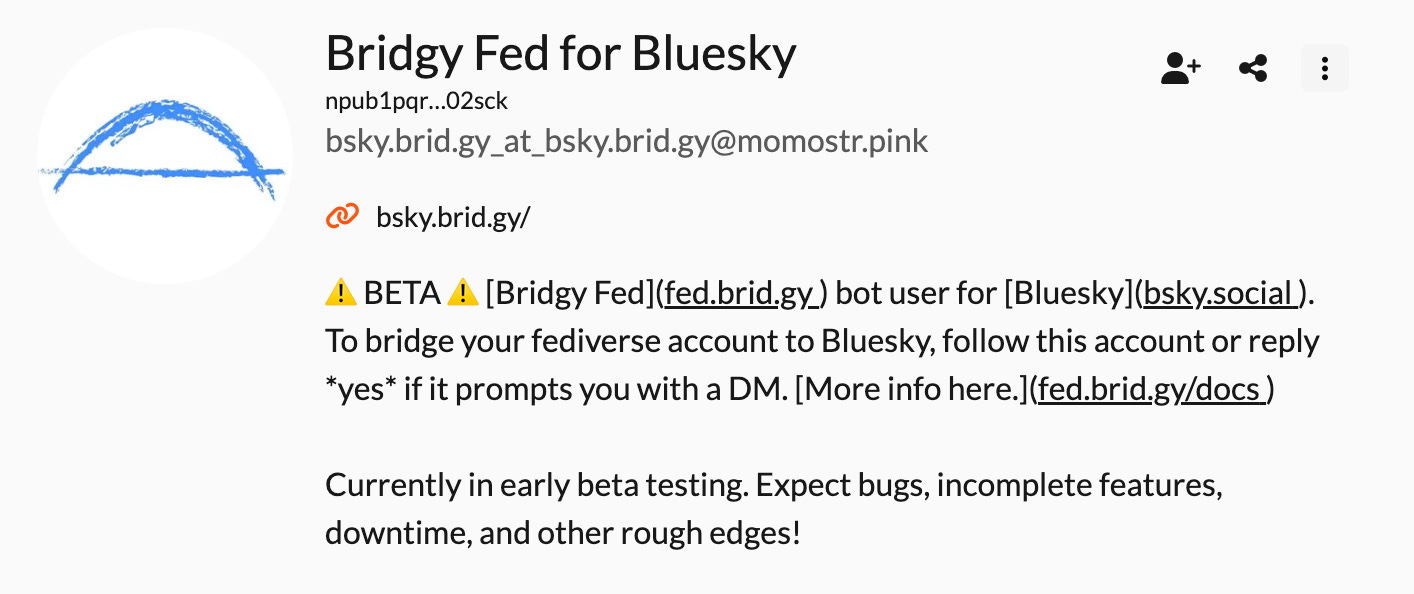 screenshot of the "Bridgy Fed for BlueSky" account on Nostr (viewed with coracle.social
