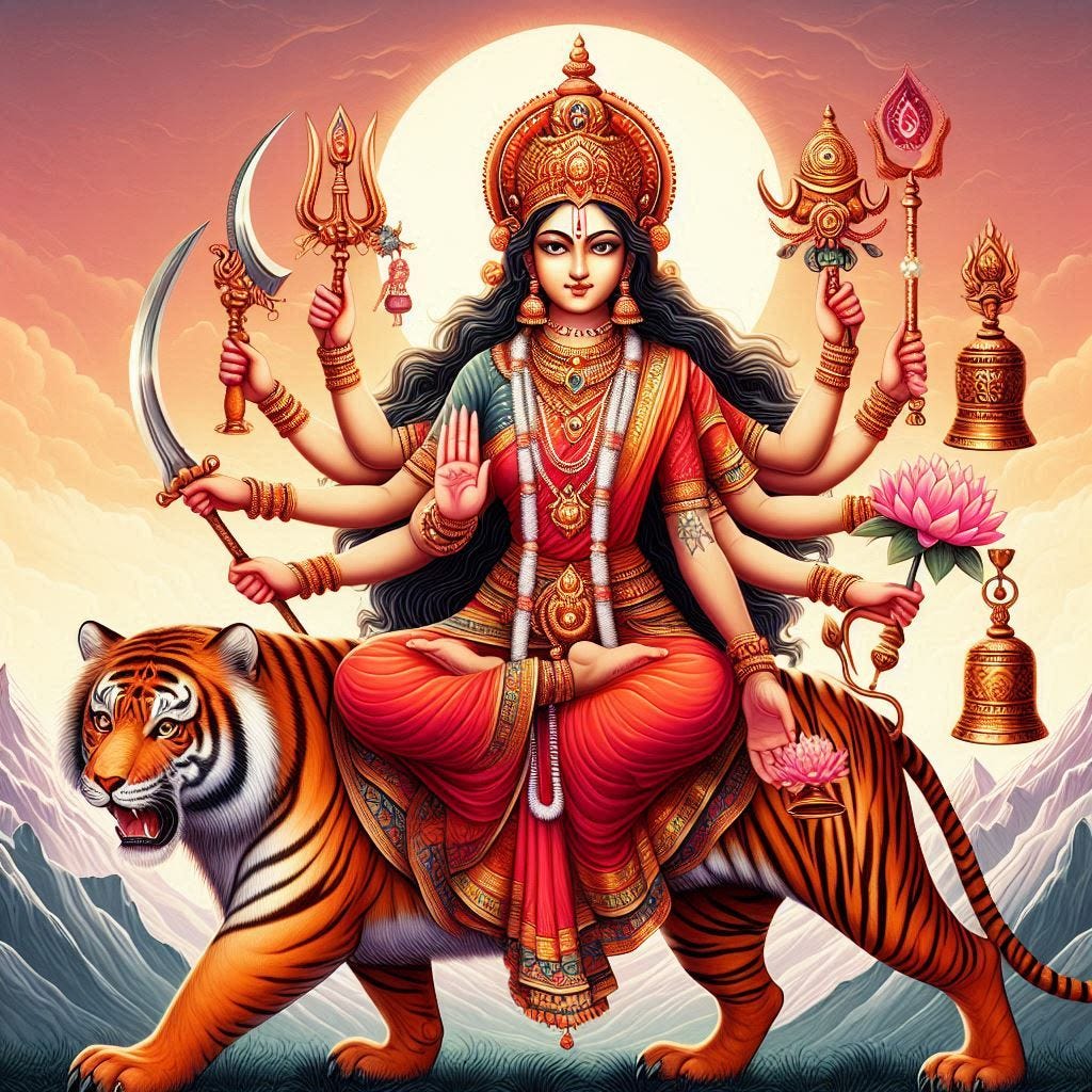goddess Maa Chandraghanta, mountains, red, seated on a tiger, one face, ten hands. she holds weapons, she carries a lotus, sacred pot, and bell,  while one hand is positioned in a blessing mudra. A crescent moon, shaped like a bell, adorns her forehead, and her third eye,