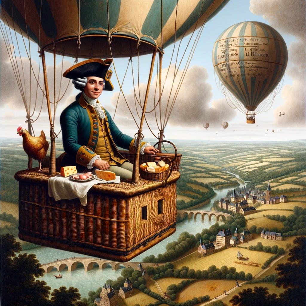 Late 18th-century France, featuring Jacques Charles in a hydrogen balloon basket, wearing a typical balloonist's attire including a tricorn hat. He's aloft above a picturesque French countryside. Inside the basket, a chicken peeks out alongside a spread of cheese and other picnic items. Below, various roads crisscross the landscape, illustrating the 'high way' they are crossing from the air. The mood is whimsical and adventurous, reflecting the spirit of early aerial exploration.