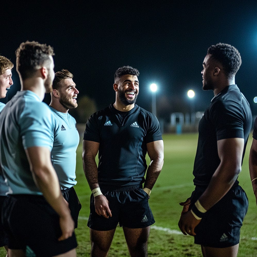 Rugby players having a laugh on the pitch at night during deload week.