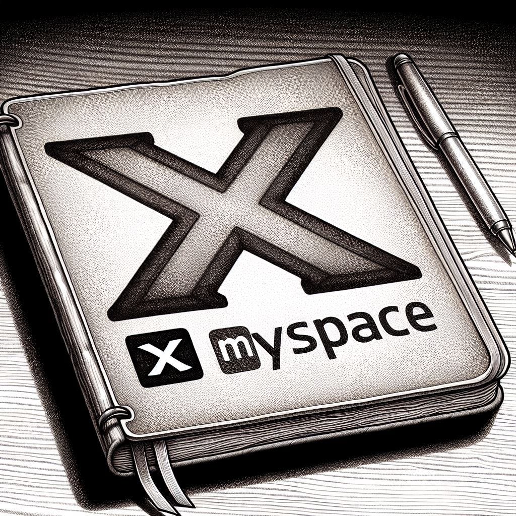 um desenho de um notebook com o logotipo do X e do Myspace