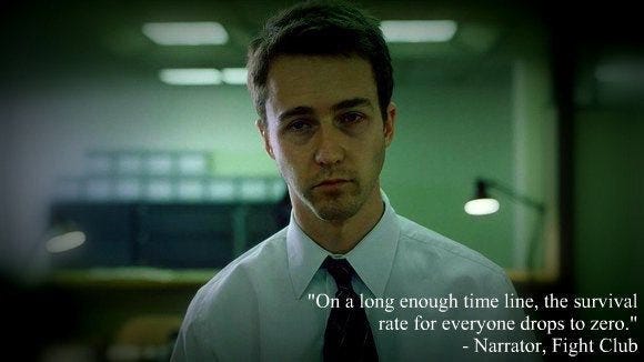 What does this line from Fight Club mean: 'On a long enough timeline, the  survival rate for everyone drops to zero.'? - Quora