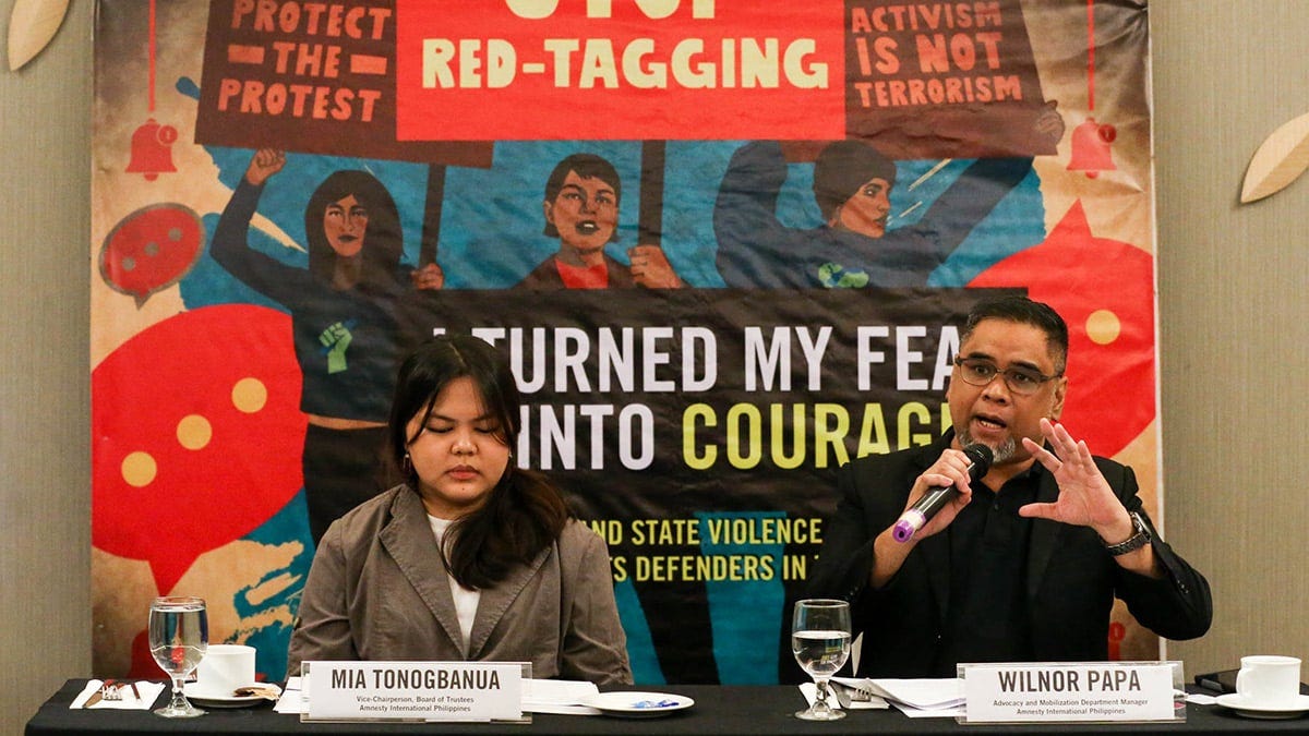 OCTOBER 14, 2024Launch of Amnesty International's Report on Red-Tagging during their media briefing "I Turned My Fear Into Courage: Red-Tagging and State Violence Against Young Human Rights Defenders in the Philippines" held in Luxent hotel, Quezon City. The group defined this as authorities falsely labelling and vilifying people as Communist rebels and terrorists to incite hatred and violence against them. Seated are Amnesty International Philippines Vice Chairperson Mia Tonogbanua and Amnesty International Philippines Advocacy and Mobilization Dept. Manager Wilnor Papa (right). INQUIRER PHOTO/LYN RILLON