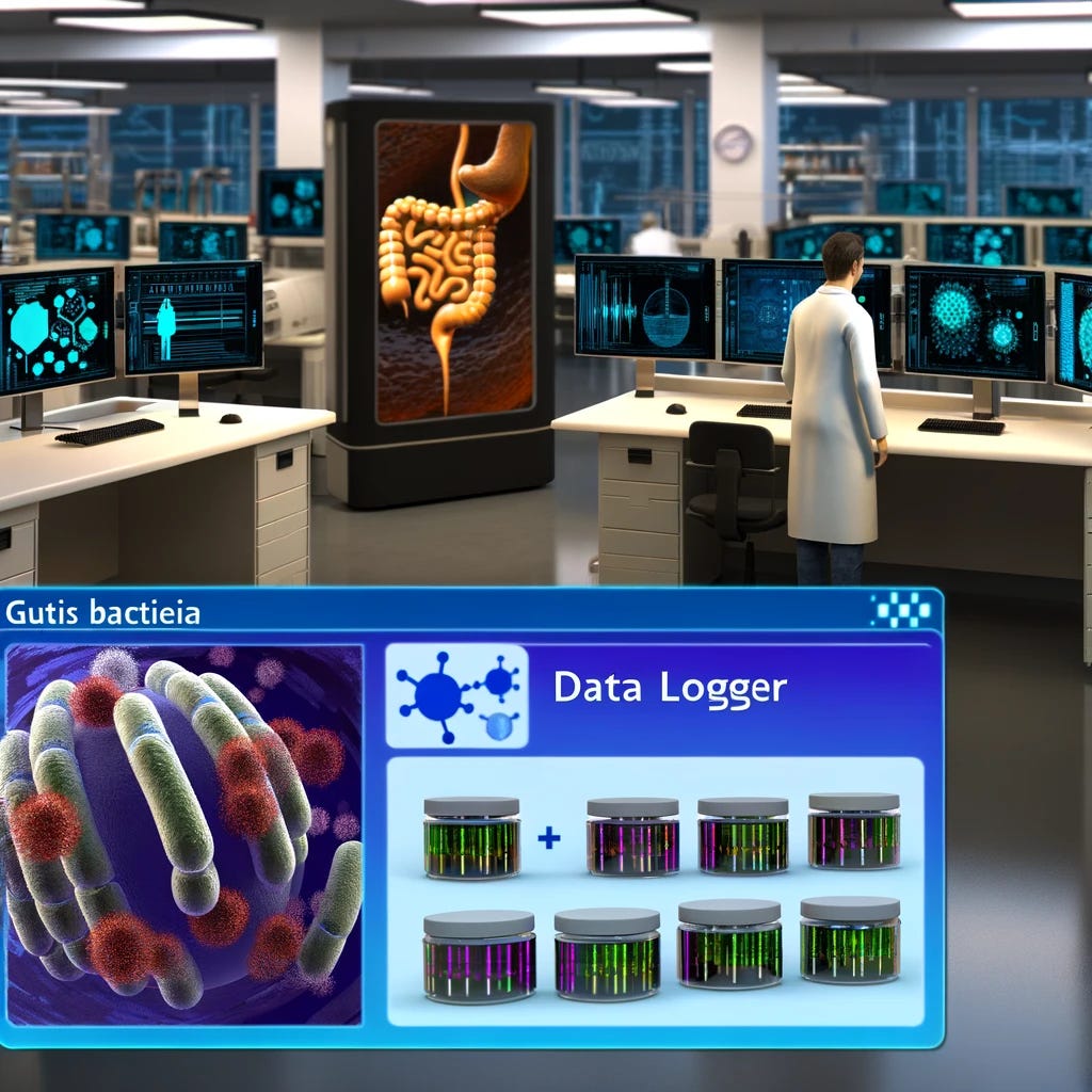 Visualize a high-tech research laboratory where scientists are working on a groundbreaking project combining bacteria, software, and computer technology to monitor human health. The focus is on genetically modified gut bacteria equipped with data logger functions. These bacteria are designed to record and relay information about the gut environment, such as dietary changes and inflammatory responses. The scene includes a digital display showing the genetic "barcodes" of different bacterial strains, aiding researchers in understanding their roles in gut health. The laboratory is equipped with advanced computers and biotech equipment, highlighting the integration of biology and technology. This novel method provides a non-invasive alternative to traditional medical procedures like endoscopies, benefiting patient comfort and health monitoring efficiency.