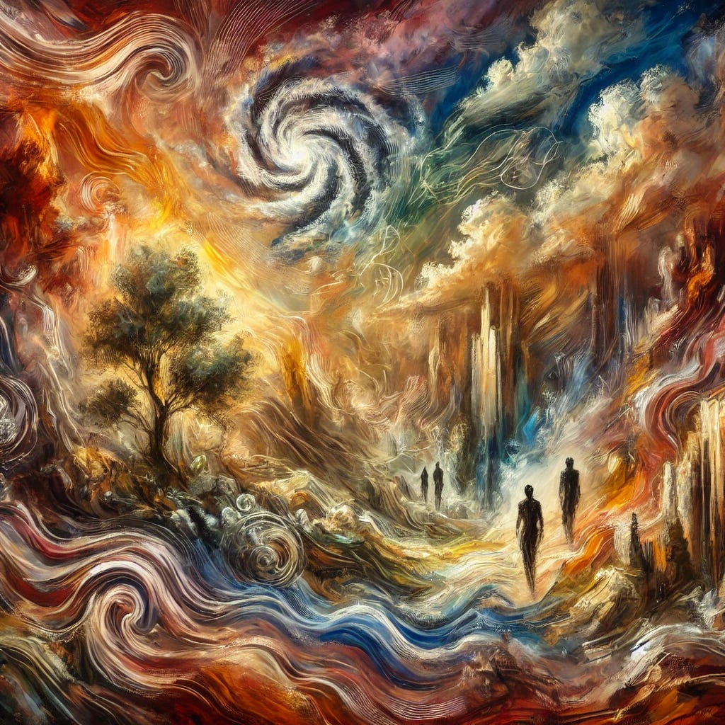 An impressionist oil painting with abstract elements, depicting the concept of 'contagion' from a terrain theory perspective. The scene is rich with swirling colors and thick, expressive brushstrokes, blending nature, energy, and human experience. Abstract figures appear subtly within the landscape, influenced by environmental forces like shifting weather patterns, electromagnetic waves, and toxins. The painting conveys movement and interconnectedness, using bold, warm tones to evoke emotion and deep thought. The overall effect is dreamlike, thought-provoking, and open to interpretation.