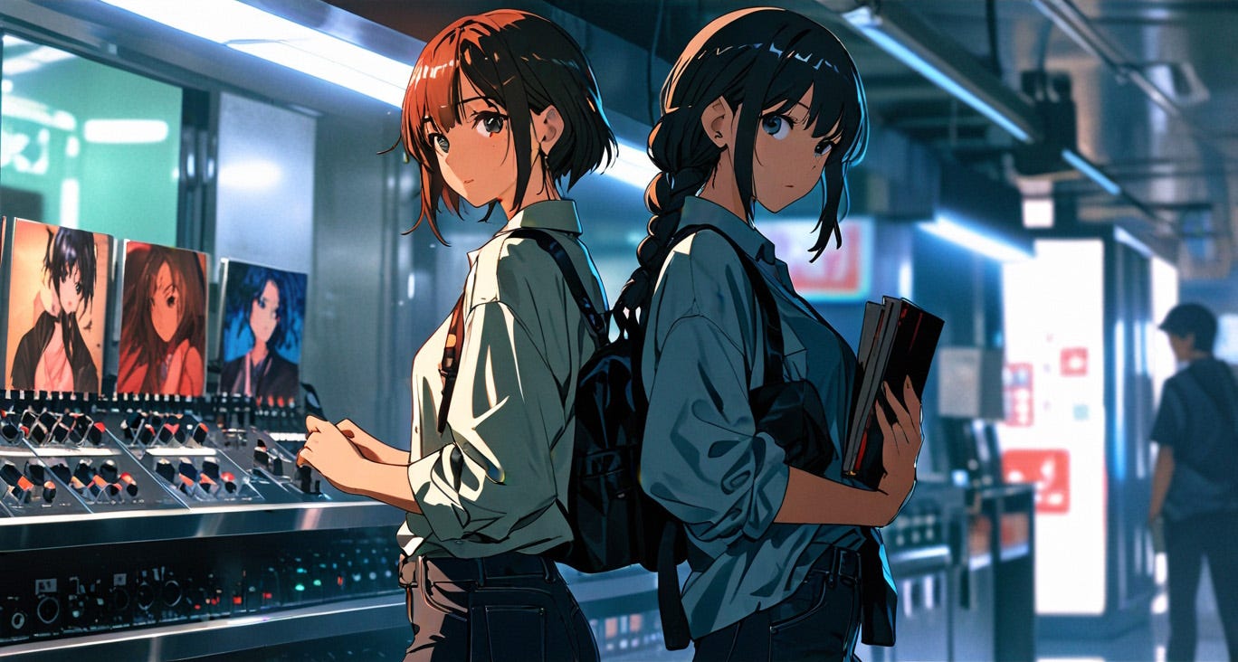 ilustración estilo anime de dos mujeres contrapuestas, una frente a artículos de video la otra con un libbro