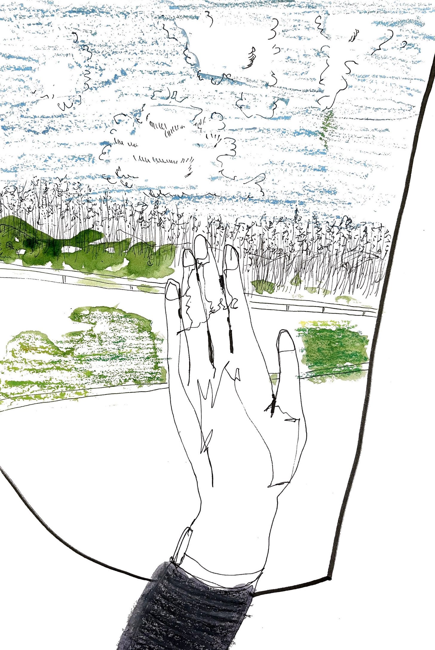 Image: line and watercolour sketch of a hand propping up against the window, seemingly trying to touch what’s going on outside, the scenery passing by in a blur. 