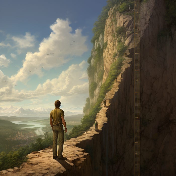 A man looking up a mountain while a measuring tape is hanging down the cliffside, allowing him to see how high the mountain truly is