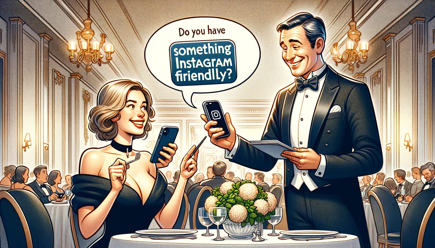 Cartoon illustration: A man and a woman are sitting in a fancy restaurant, The woman holds her smartphone up and asks the waiter with a speech bubble, "Do you have something Instagram-friendly?" The waiter, a refined middle-aged man in a classic tuxedo, is holding a pen and notebook to take down the order. The setting is lavish, with grand chandeliers and patrons in formal wear.