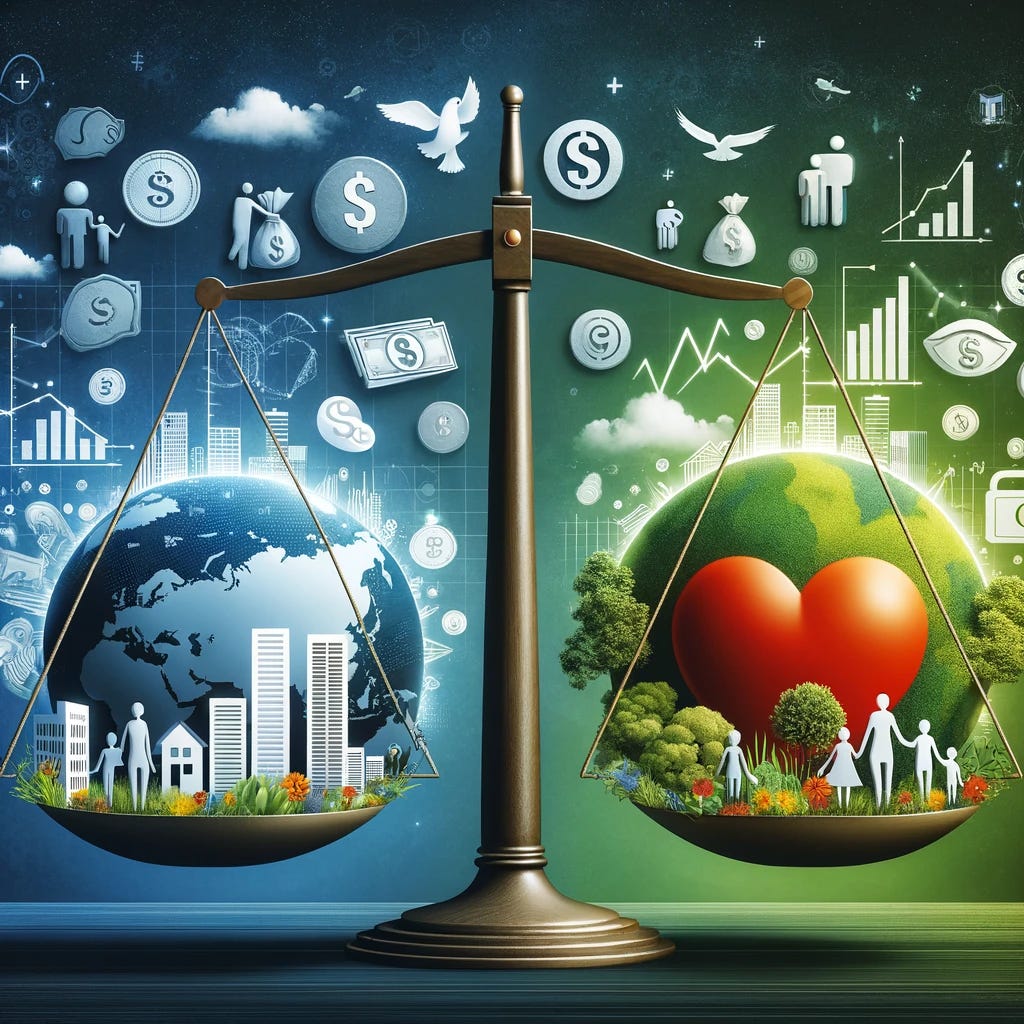 A conceptual illustration depicting a scale balancing traditional economic symbols (like currency, graphs, and buildings) on one side and symbols of human wellbeing (such as a family, a heart, and a green earth) on the other. The image visually represents the need to balance economic growth with the well-being of people and the planet, suggesting a holistic approach to defining success.