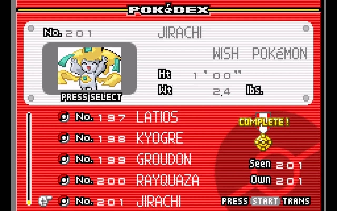 All 201 Pokémon obtained! Maybe I can somehow obtain the four e-reader exclusive Pokémon – Cyndaquil, Totodile, Chikorita, and Aerodactyl – someday? All 201 Pokémon obtained! Maybe I can somehow obtain the four e-reader exclusive Pokémon – Cyndaquil, Totodile, Chikorita, and Aerodactyl – someday?