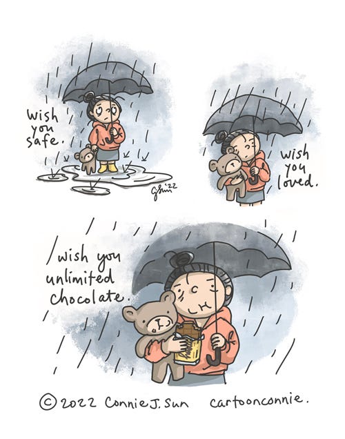 I Wish You Chocolate 3-panel borderless comic of a cartoon girl with a bun, standing in the rain with an umbrella, holding a teddy bear. In panel 1, she has a worried look, holds the bear by the hand. In panel 2, she holds the bear closer, squeezing it in a hug. In panel 3, she and the bear stand under the umbrella, eating a bar of chocolate together. Corresponding captions read: "Wish you safe. / Wish you loved. / Wish you unlimited chocolate." Original comic strip by Connie Sun, cartoonconnie, 2022.