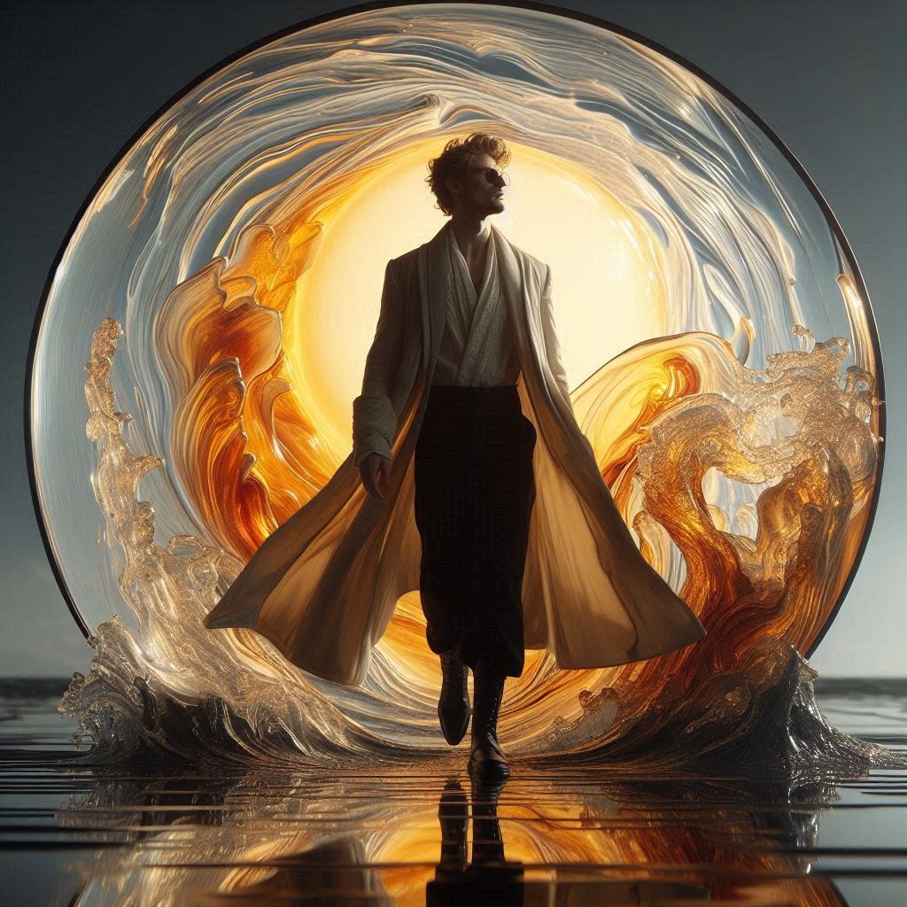resin sun inside glass structure; tiltshift /flying at angles/ 5d angled glass embedded /beautiful, heroic, strong handsom man/ velvet blonde, cream, ivory long coat/ black leather boots. water in resin/ ; he is at Monks mound at Cahokia / amber cream,tsunami full of fire/ reverberating waves. black hole in floor/ water in resin verdigris/ In the style of Michael Parkes. black etching/ black linework/ daytime sky/fluffy clouds 