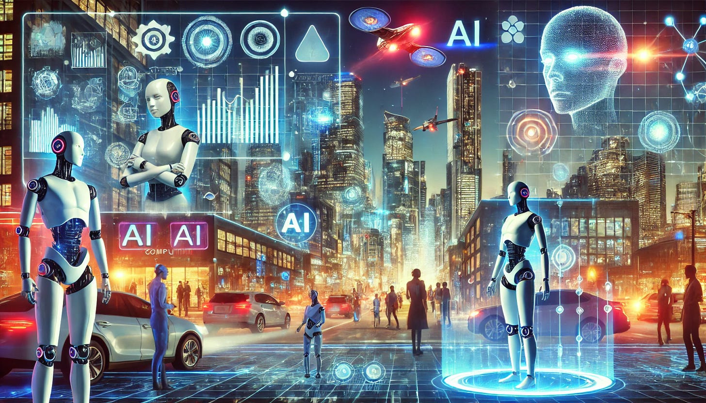A futuristic cityscape illuminated with neon lights, featuring advanced AI technology integrated into daily life. Holographic displays project AI-generated data, robotic assistants interact with people, and autonomous flying vehicles glide through the skyline. A sleek, high-tech laboratory showcases quantum computing systems and humanoid AI assistants helping humans innovate. The atmosphere is vibrant and filled with a sense of progress and excitement, symbolizing the AI-driven future.